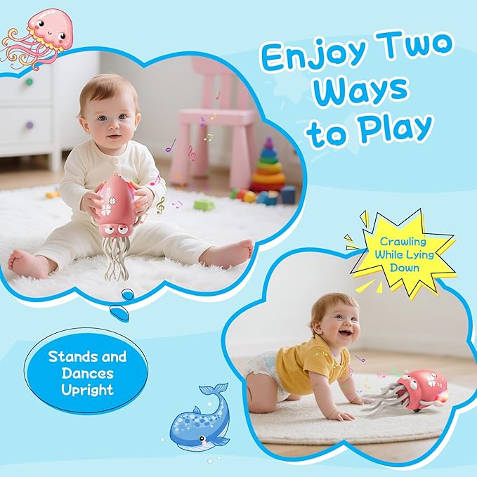 Crawling Dancing Octopus Toy for Kids – Rechargeable Interactive Sensory Toy with LED Lights & Music,Fun Tummy Time Gift for Birthdays & Holidays (Pink)
