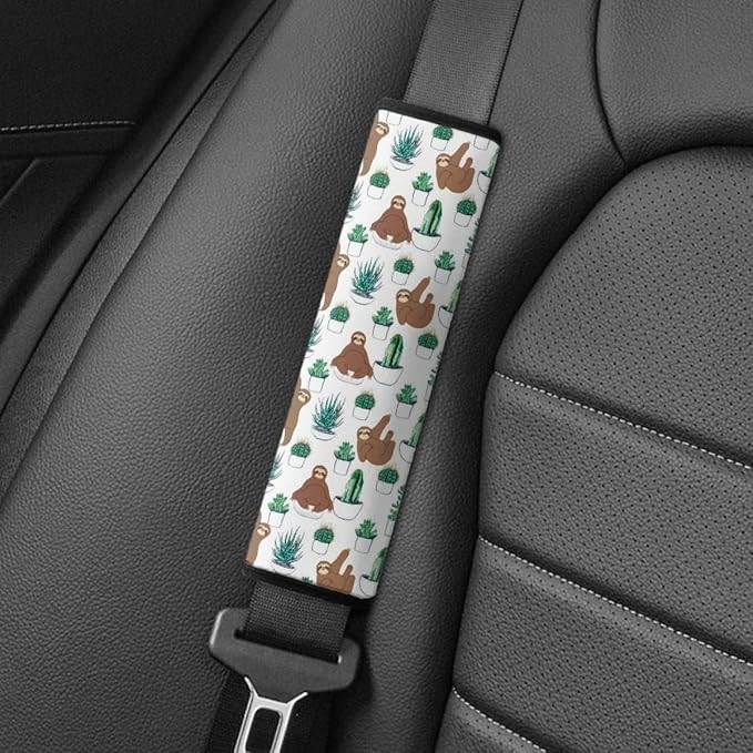 ENLACHIC Kids Car Seat Belt Cover, Cute Cartoon Animal Print Baby Car Seat Strap Pads Infant Car Seat Protector Car Accessories Universal All Cars,Sloth Cactus