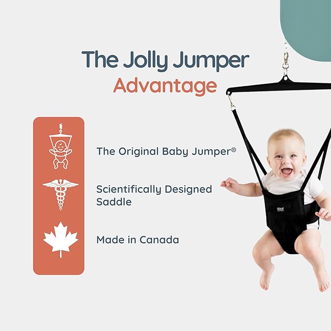 Jolly Jumper Iconic (Grey Safari), Doorway Baby Jumper, Indoor Exercise Saddle Seat, Adjustable Height, for Infants up to 28lbs, Black, No Stand Required