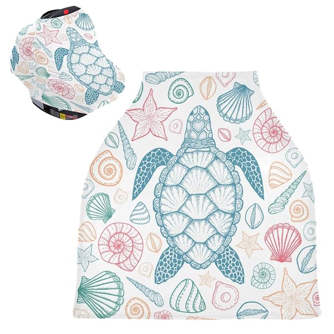 Sea Turtle Starfish Shells Baby Car Seat Covers, Nursing Cover Breastfeeding Scarf Soft Breathable Stretchy Coverage, Infant Stroller Cover for Boys Girls