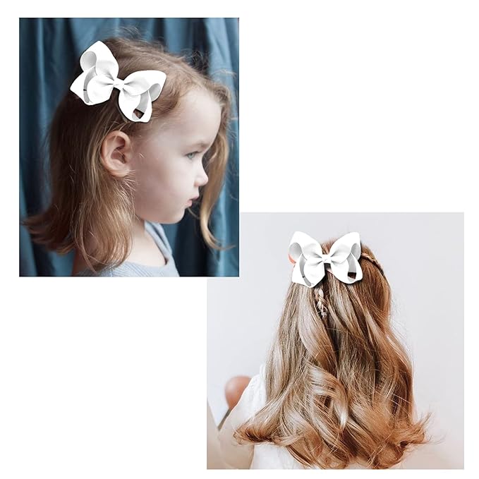 6 PCS 4.5" Grosgrain Ribbon Alligator Clips - Hair Bows for Toddler Girls and Kids (White)