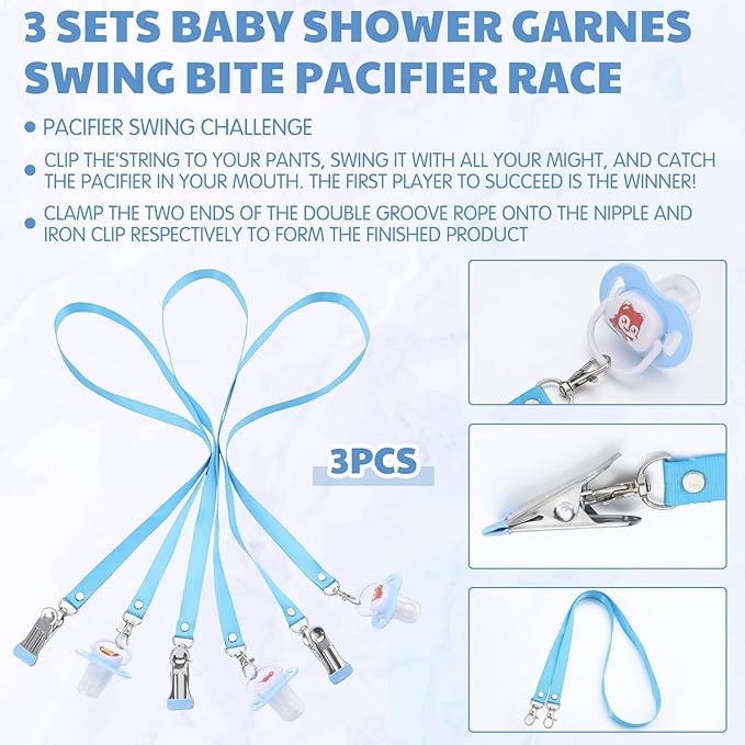 Threehoney 6 Sets Baby Shower Games Pacifiers Necklace and One Handed Wooden Clamp Hanger Game Bridal Shower for Gender Reveal Party Favors Funny Activities Parties(Blue)