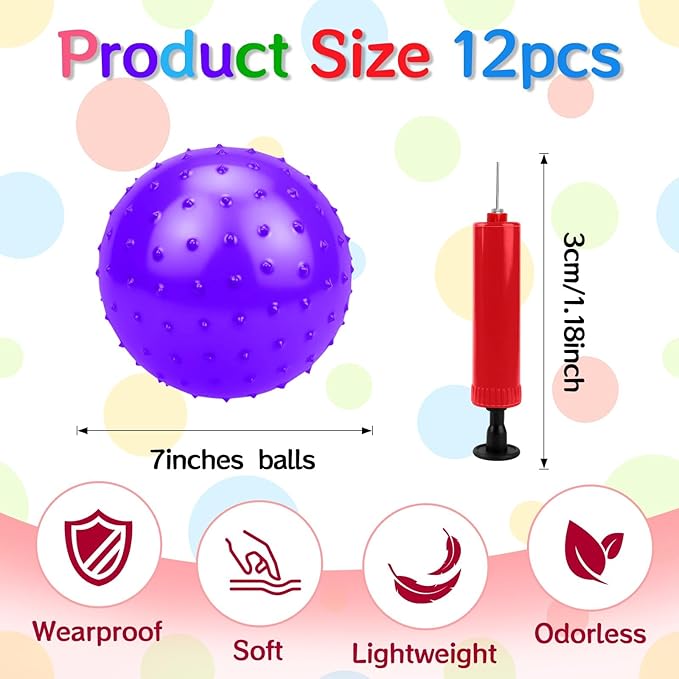 12PCS Bouncy Balls for Kids Toddlers, 7 Inch Sensory Balls Spiky Massage Stress Ball Bulk with Air Pump, Indoor Outdoor Sports Sensory Toys & Party Favors(Purple)