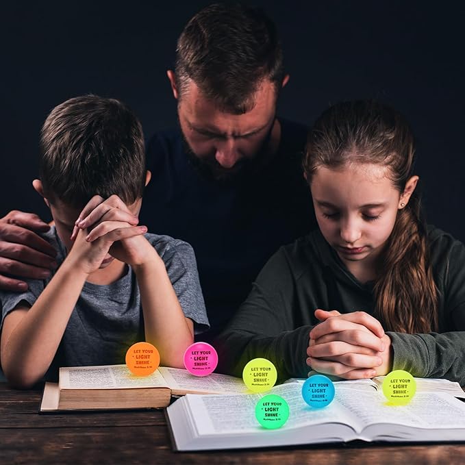 Seenelling 24 Pcs Christian Glow in The Dark Bouncy Balls Easter Jesus Bible Verse Rubber High Bouncing Balls Christian Party Favor Religious Classroom Gifts (Bible,Mix Color)