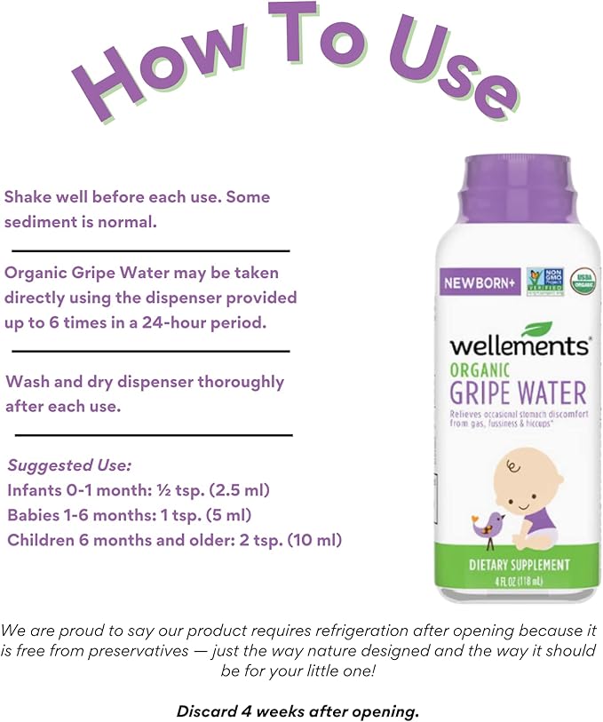 Wellements Organic Gripe Water | Relieves Occasional Stomach Discomfort from Baby Gas, Colic, Hiccups and Fussiness | Certified Organic and Non-GMO | No Artificial Flavors | 4 Fl Oz. | Ages Newborn+
