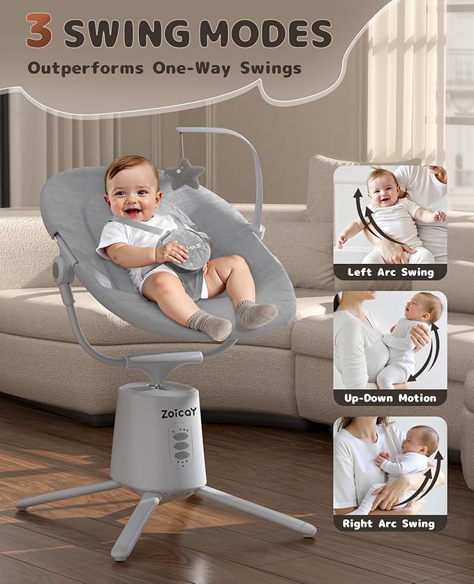 Zoicay Baby Swing,Baby Swings for Infants with 3 Modes & 5 Speeds, BT Enabled App & Remote Control, Electric Swing – 6 Lullabies and 3 Timer Setting, 2 Seat Positions and 5-Point Harness Swing (Gray)