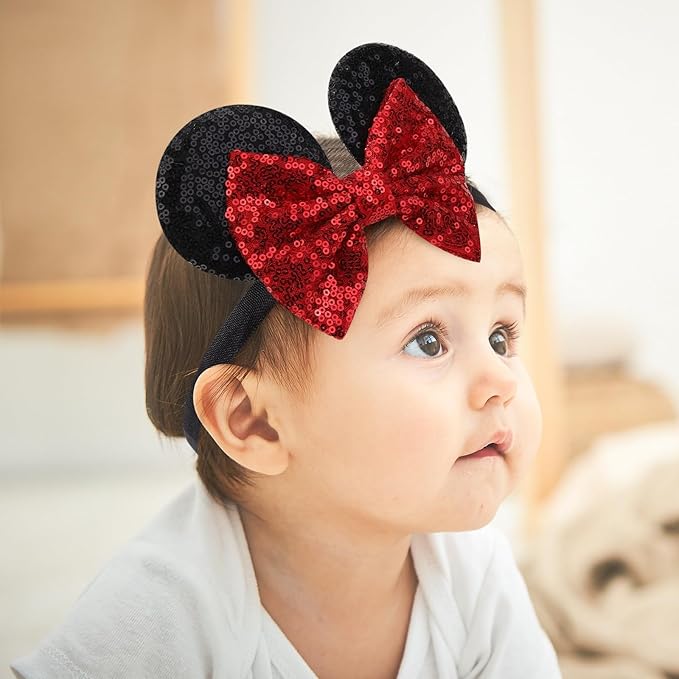 choicbaby Baby Girl Headbands Mouse Ears Headwrap with Sequin Polka Dot Bow Soft Stretchy Nylon Hair Bands for Newborn Infant Baby Toddler Girls- Pack of 4