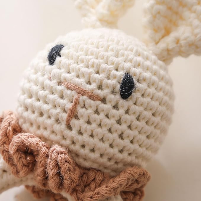 Wooden Baby Rattle，Crochet Bunny Rattle with Wood Ring, Newborn Wooden Animal Rattle Toy，Infant Bunny Wood Rattle Toys