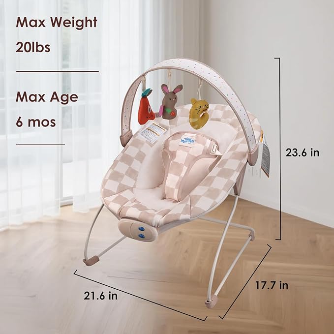 Baby Bouncer – Baby Bouncer seat, Infants Bouncy Seat with Music & Sensory Toys, Compact & Machine Washable Seat Pad Indoor Infant Seat, Ideal for Newborns 0-6 Months, Max Weight 20lbs (Sand Checker)