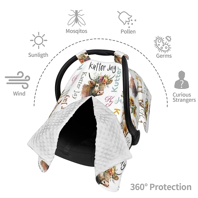 Personalized Winter Carseat Cover for Baby Custom Name Car Seat Canopy for Newborn Baby Boys Girls 2 in 1 Mom Nursing Breastfeeding Covers Cow Minky Baby Carrier Stroller Covers