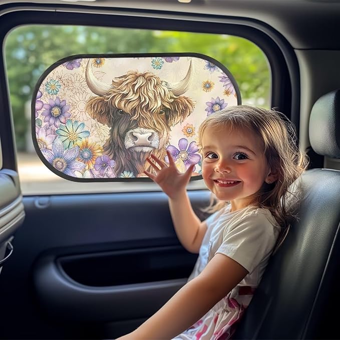 Bulopur Highland Cow Car Window Shades 2 PCS Sun Shades for Back Windows Dahlia Floral Baby Car Seat Sun Protection Easy to Install Mesh Car Window Covers Universal Sunshade Sunvisor