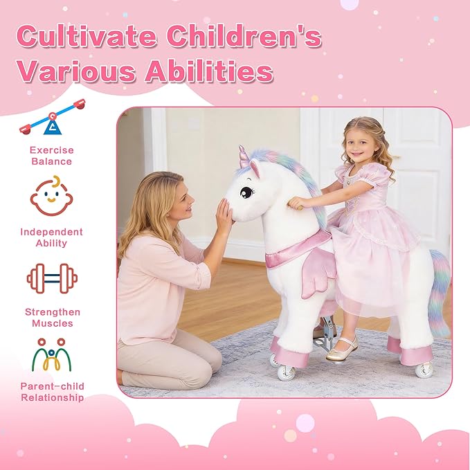 Ride on Unicorn Toys for Kids, Ride on Toy for Girls 4 to 9 Years Old, 36.6'' Height Riding Horse Rider Mechanical Walking Action Plush Animal, No Battery or Electricity, Max Load 165LBS - Colorful