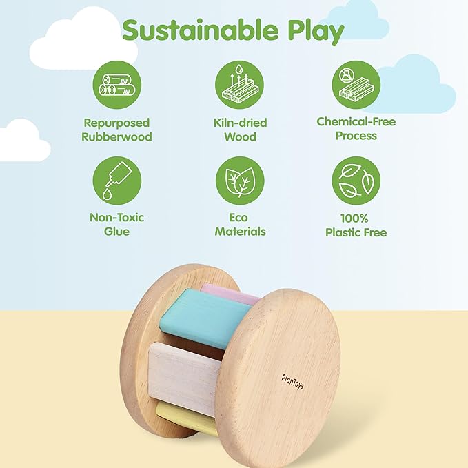 PlanToys® Pastel Wooden Roller Toy for Babies | Montessori Sensory Toy with Gentle Rattle Sound | Eco-Friendly Crawling & Motor Skill Toy for Infants 6+ Months