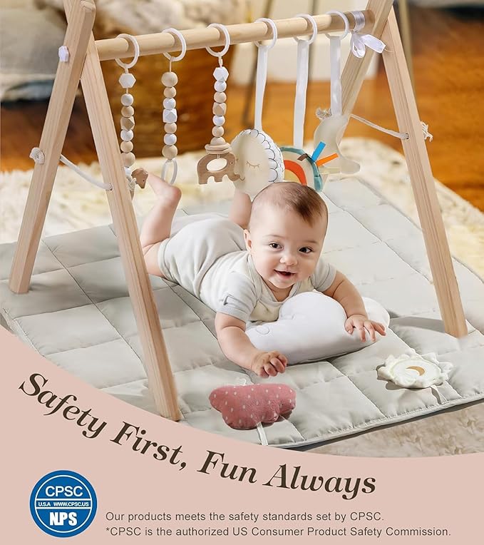Wooden Play Gym with Beige Mat, Foldable Baby Play Gym, Infant Activity Mat with 6 Hanging Toys, Natural Pine Wood Frame Activity Center, Easy to Assemble & Clean, Newborn Present for Boys & Girls.