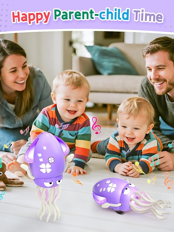 WAVISA Dancing Squid Baby Toy Gifts, Dancing Octopus Tummy Time Toys for 3-6 Months, Crawling Octopus with Music and Light, Squid Baby Toy for 3 4 5 6 7 8 9 10 11 12 Toddler Boy Girl Birthday Gifts