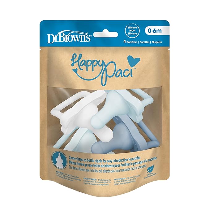 Dr. Brown's HappyPaci 100% Silicone Baby Pacifier, Contoured One-Piece Design, Light-Blue, Blue, White, 0-6m, BPA-Free, 8-Pack