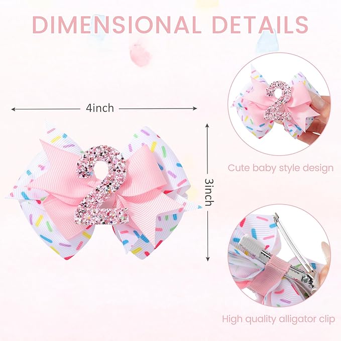 Birthday Hair Bow Hair Clips for Girls 1 2 3 4 5 6 Years, Baby Girl Accessories Bow Birthday Decorations, Pink Baby Girls Ice Cream Hair Bows Clips for 2nd