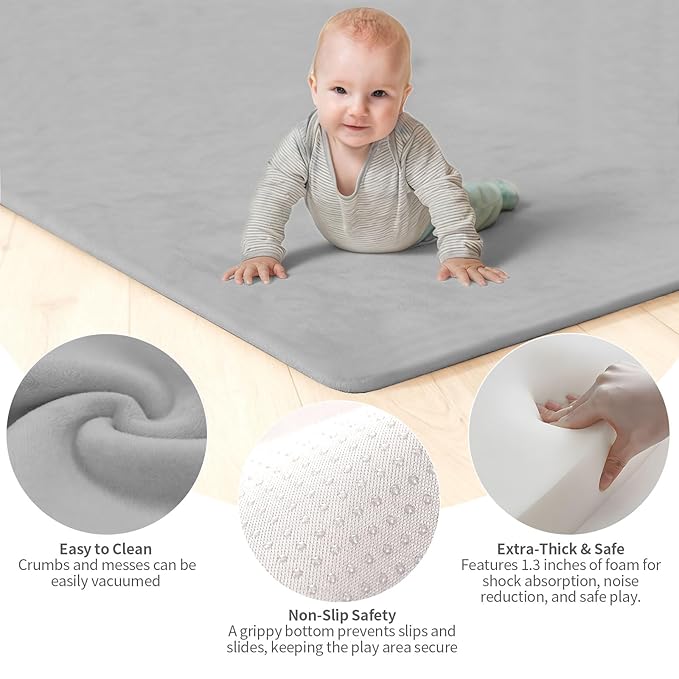 Velvet Baby Play Mat for Floor, 1.3" Thick Elasti-Foam 47"×47" Playpen Mat with Removable & Washable Velvet Cover for Toddler, Infant,Kids, Non-Slip Crawling Mat for Tummy Time (Grey)
