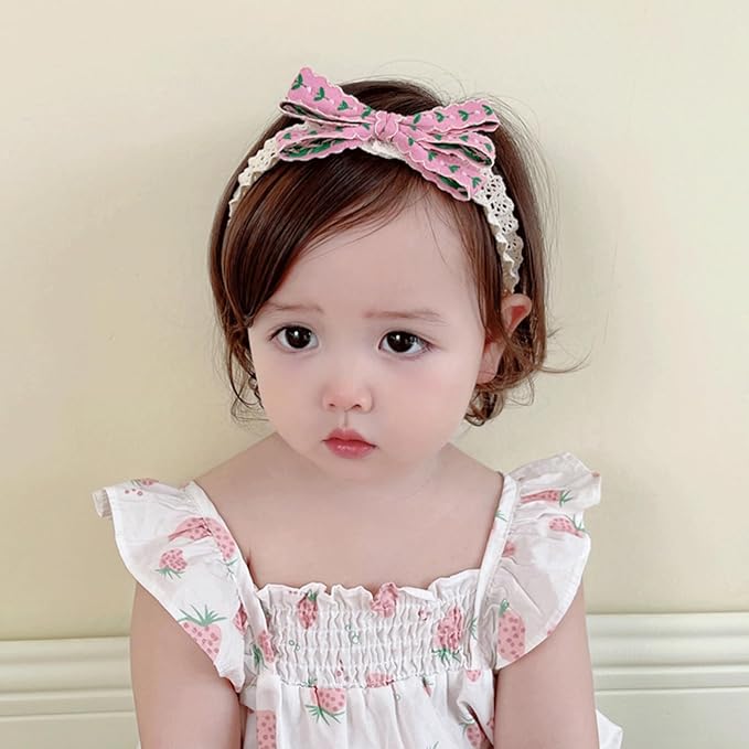 Baby Girls Hairbands Bow Lace Headband Handmade Soft Stretchy Pink Bowknot Hairbands Newborn Hairband with Bows Elastic Hair Bands for Kids Infant(Rose Red Bow