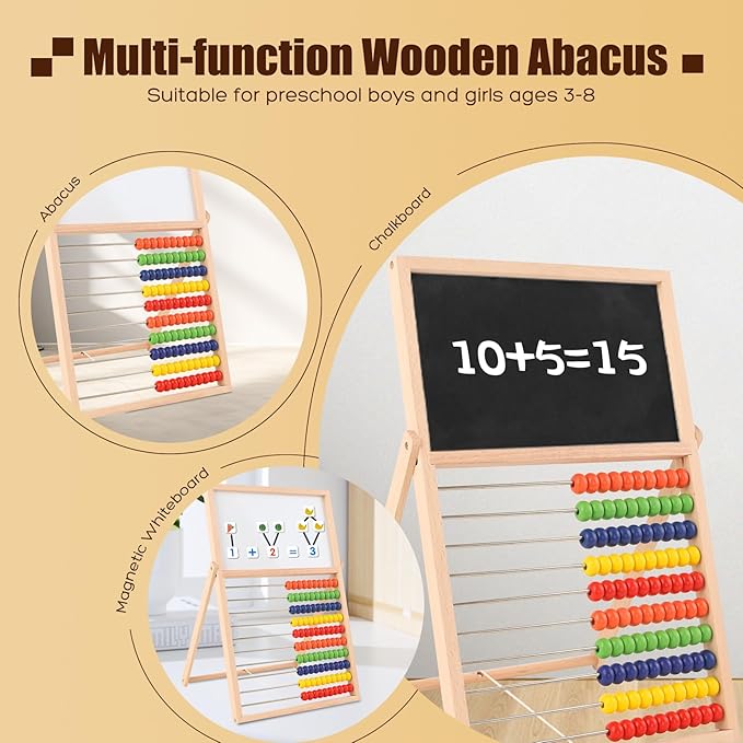 Wooden Abacus for Kids Math - Double-Sided Blackboard Whiteboard Magnetic Abacus with 100 Magnetic Number & Fruit Stickers - Educational Counting Games Kids Gift