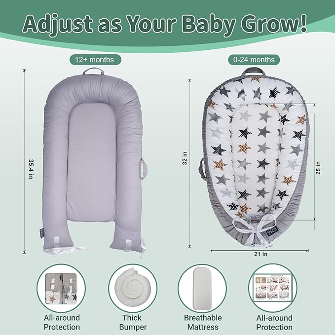 Infant Support Cushions | Baby Lounger | Organic Cotton Infant Lounger | Reversible, Adjustable & Portable Floor Lounger | Supervised Use | Soft, Breathable, Washable Cover(Star)