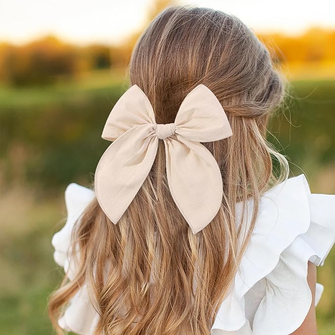 YHXX YLEN 5PCS Khaki Cotton Linen Hair Bows for Girls Handmade Alligator Clip Hair Accessories for Babies Infant Toddlers Kids(5inch×1, 4inch×2, 3.5inch×2)