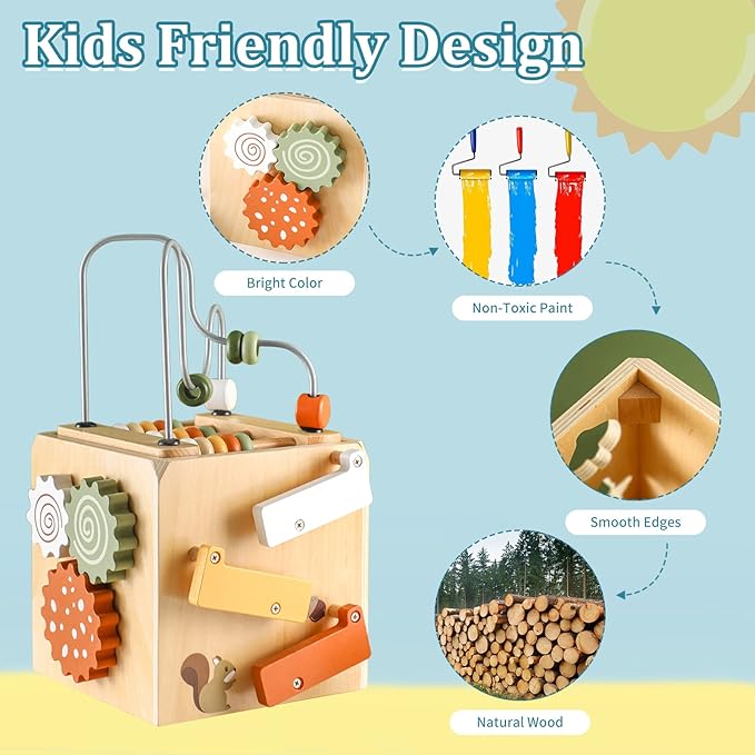 Wooden Kids Baby Activity Cube - Boys Gift Set | One 1, 2 Year Old Boy Girl Gifts Toys | Developmental Toddler Educational Learning Boy Toys 12-18 Months | Bead Maze, First Birthday Gift