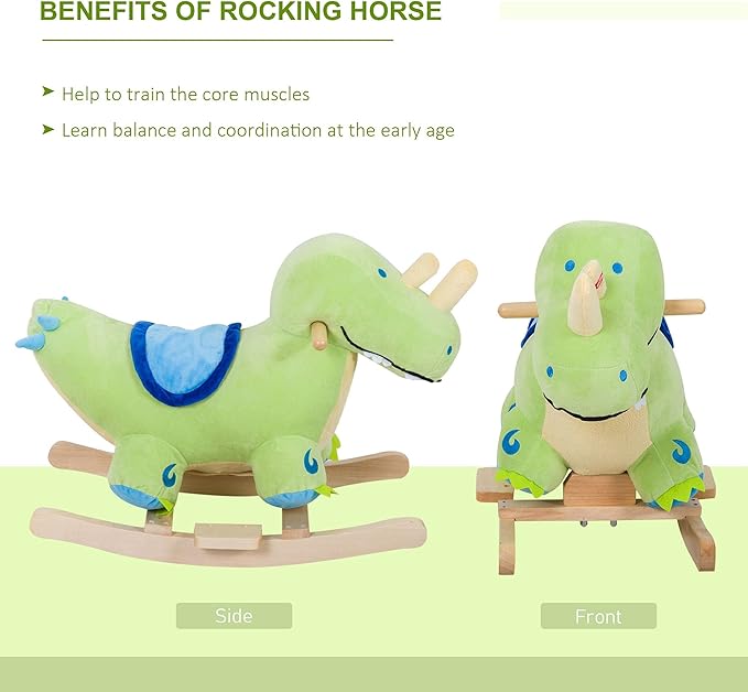 Qaba Kids Plush Ride-On Rocking Horse Toy Dinosaur Ride on Rocker Green with Realistic Sounds