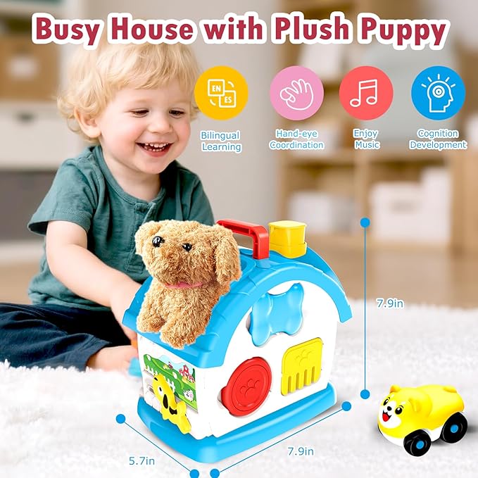 Ming You Interactive Toys for 1 2 3 Year Old Boy Gifts, Baby Musical Toy House with Stuffed Puppy, Car, Learning Educational Toy for Toddler 1-3, Christmas Birthday Gifts for 1 Year Old Boy (Blue)