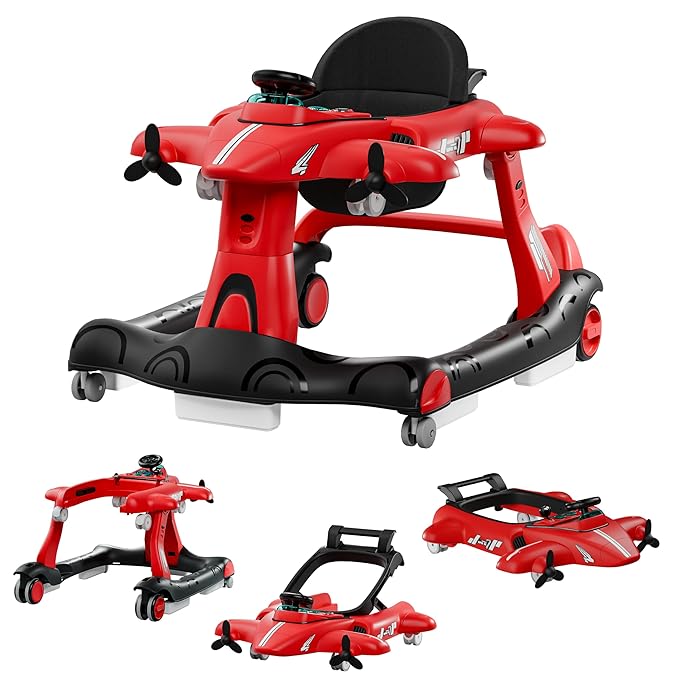 Xilingol 6-in-1 Baby Walker with Wheels, Adjustable Height & Speed Activity Walker with Padded Seat, Foldable Walker for Babies, Toddler Push Walkers for Boy & Girl 6-18 Months, Music & Light