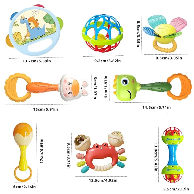 8pcs Baby Rattles Toys Set for 3+ Months,Easy-Grasp Ball,Plastic Ringdrum,Barbell Rattles,Shakers and Teethers,BPA-Free,Lightweight,Unisex,Baby Gift