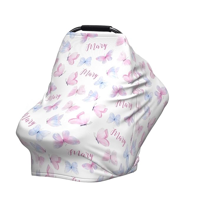 Personalized Baby Car Seat Cover for Girls, Custom Butterfly Nursing Covers for Breastfeeding with Name, Infant Stroller Cover, Baby Carseat Canopy for Newborn, Multiuse Car Seat Canopies