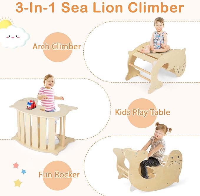 HONEY JOY 7 in 1 Climbing Toys for Toddlers, Wood Triangle Climber w/Ramp for Sliding or Climbing, Rocker, Foldable Montessori Triangle Climbing Arch Set for Daycare, Gym & Playground, Natural