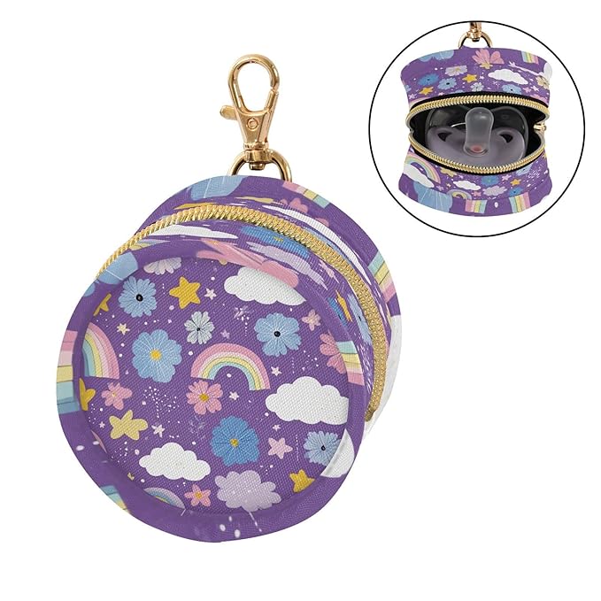 Pacifier Holder with Clip Pacifier Case for Diaper Bag Round Baby Pacifier Pouch Box Bag Portable Cute Purple Rainbows Stars Flowers