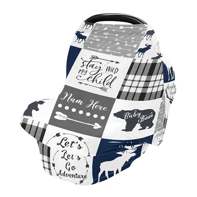 Personalized Baby Car Seat Cover for Boys Girls, Custom Nursing Covers for Breastfeeding with Name, Infant Stroller Cover, Baby Carseat Canopy for Newborn, Multiuse Car Seat Canopies, Woodland Bear
