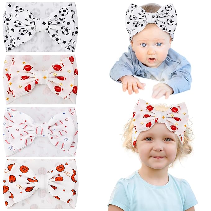 JATEBI 4 Pack Baby Girl Headbands Sporty Ball Bow Hair Accessories Football Baseball Basketball Hairbands for Newborn Infants Toddlers