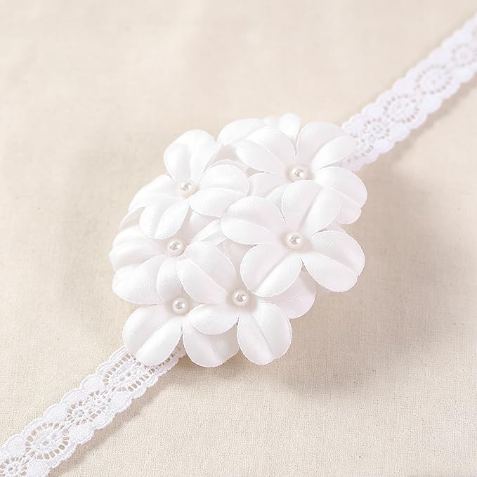 Baby Girls Hairband White Bow Lace Headbands Handmade Soft Stretchy Wide Head Band Newborn Hairbands with Bows Pearls Elastic Headband for Infant Hair Accessories（White Flower）