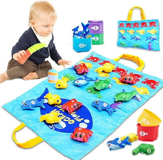 Count Learning Montessori Toys for Toddlers 3 Year Old Cloth Toddler Fishing Game with Stacking Cups,Baby Toy 12-18 Months 1 2 Year Old Boy Girl Gifts (Ocean Animal)