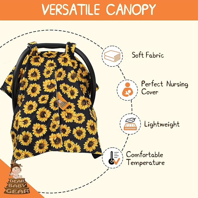 Dear Baby Gear Car Seat Cover for Boys & Girls - Baby Carseat Canopy w/Snap Opening - Infant Seat Cover - Stroller & Nursing Covers - Newborn Carrier Canopy- 40x30(Sunflowers on Black, Black Smooth)