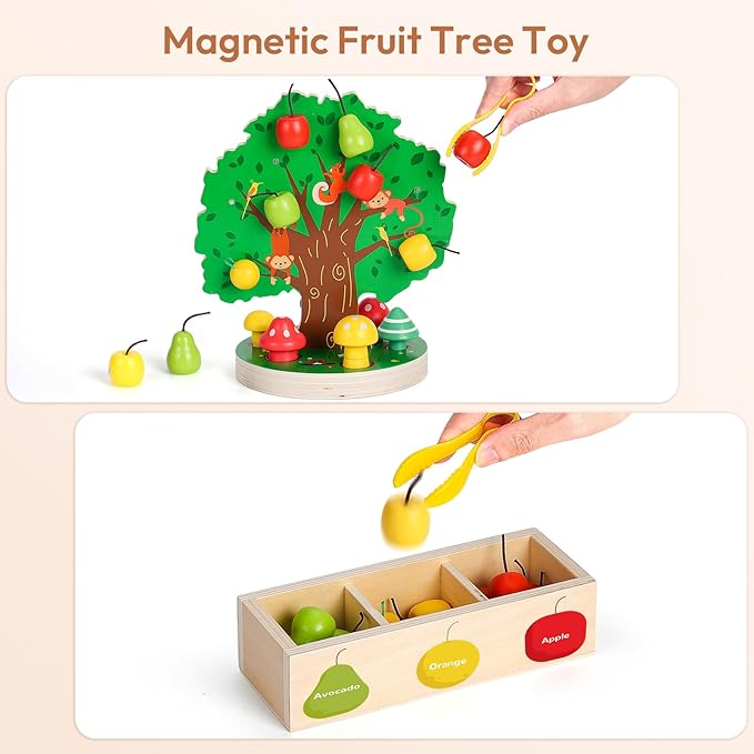 Woodtoe Toddler Fine Motor Skill Toys, Montessori Wooden Sensory Toys for Toddlers 3 4 5 6 Year Old, Apple Picking Magnetic Tree Toy, Color Sorting and Matching Game, Educational Learning Gift for Kid