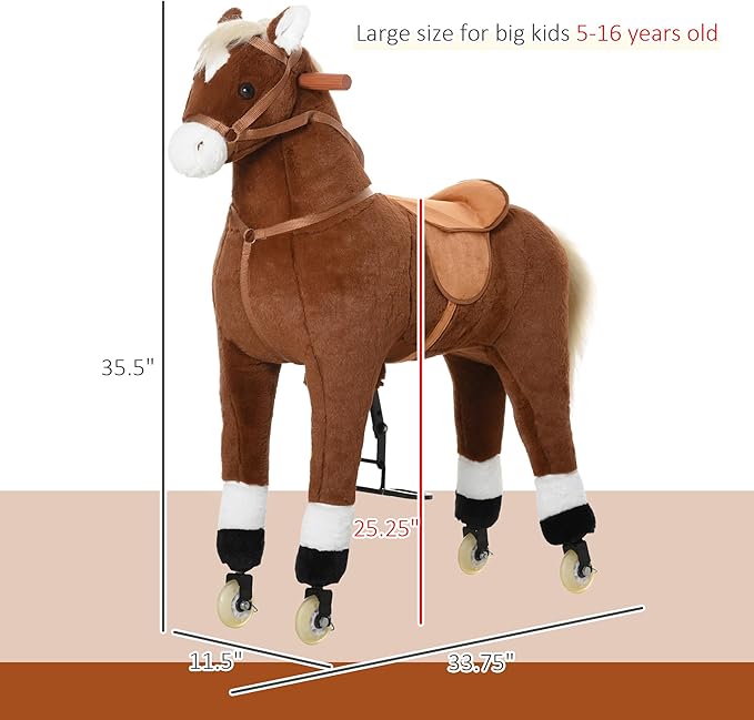 Qaba Kids Ride-on Walking Horse with Easy Rolling Wheels, Soft Huggable Body, & a Large Size for Kids 5-16 Years