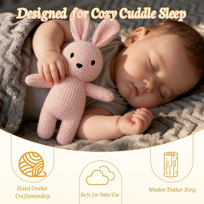 12" Handmade Crochet Rabbit Stuffed Animal, Baby-Safe Cotton Plush with Rattle, Hypoallergenic Toy for Newborns 0-12 Months, Ideal Baby Shower & 1st Birthday Gift