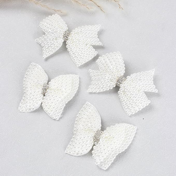 4Pcs Pearl Hair Bows for Girls, White Butterfly Flower Hair Bow Clip Wedding Hair Accessories for Baby Infants Toddlers Kids (Small size)
