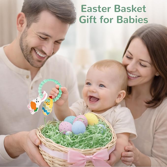 Easter Teething Ring for Baby, Bunny Carrot & Chick Egg Silicone Teether Bracelet, Sensory Chew Toys for Newborns & Infants 3–12 Months, Easter Basket Stuffers for Toddlers, Baby First Easter Gift