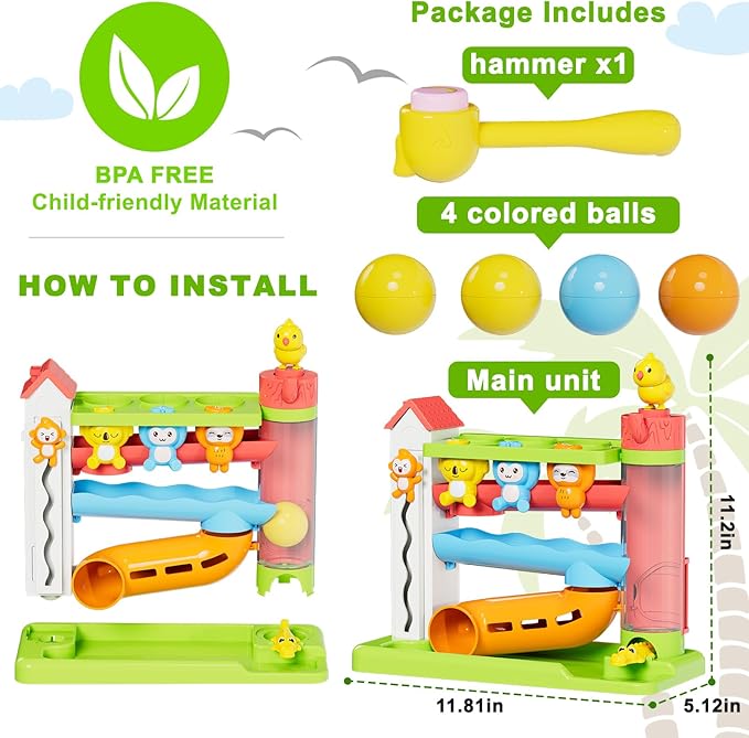 Ussybaby Toddler Musical Toys for 1+ Years Old Boy,Motor Skills Developmental Baby Toy 12-18 Months,Bilingual Toddler Learning Ball Drop Toy， Birthday Gift Toys for 1 2 Year Old Boys & Girls(Green)