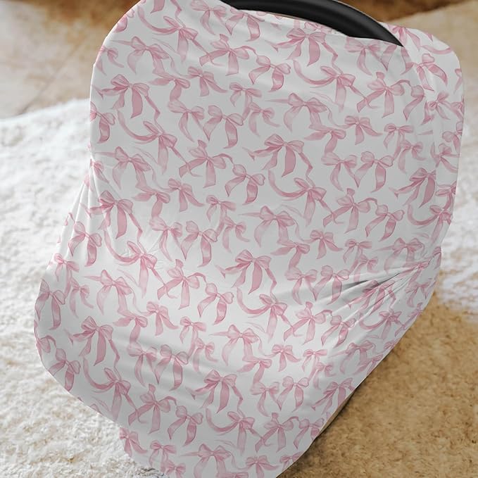 Pink Valentine's Bows Car Seat Cover for Babies Girl Bows Stretchy 5-in-1 Cover Adjustable Infant Carseat Cover Canopy Breathable Baby's First Valentine's Day Nursing Cover-Up