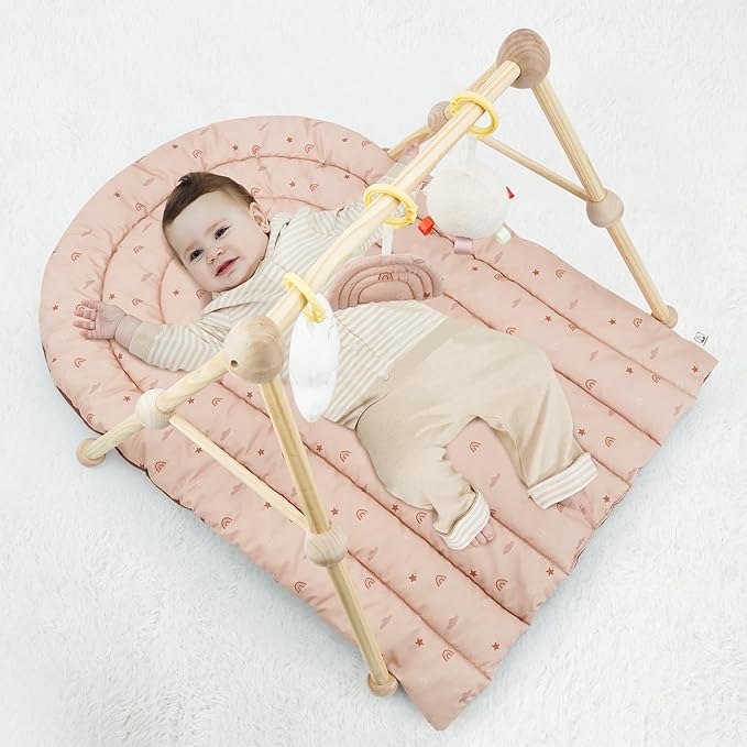 4-in-1 Wooden Baby Play Gym & Activity Mat, Soft Cotton Tummy Time Mat for Babies 0+,with 3 Detachable Toys for Sensory & Motor Skill Development,Newborn Infant Baby Essentials Gift,Blush-Rainbow
