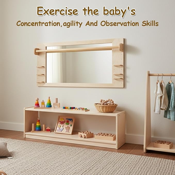 Coordination Montessori Toddler Mirror with Handle Wooden Shatterproof Acrylic Non Glass Safety Early Learning to Walk Standing Mirror for Babies Nursery Playroom Wall Mounted 47.24"