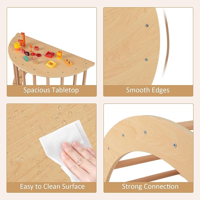 INFANS Wooden Arch Climber Rocker with Soft Cushion, 6 in 1 Montessori Climbing Toys for Toddlers, Waldorf Indoor Table Baby Children Ladder Gym Learning Playset for Kids (Natural with Desktop)