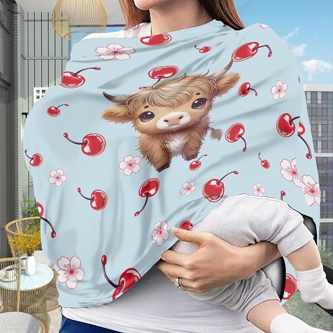 Wanyint Highland Cow Cherry Stretchy Baby Car Seat Cover Carseat Canopy for Babies Universal Baby Breastfeeding Stroller High Chair Shopping Cart Cover